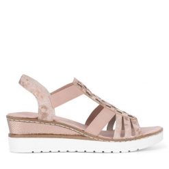 Sandały Rieker. Czerwone sandały Rieker, bez wzorów, bez obcasa, na koturnie, bez zapięcia. Za 299.99 zł.