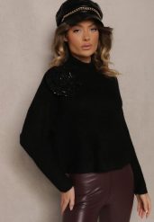 Czarny Golf z Wełną o Kroju Oversize z Kwiatem 3D i Cekinami Zolimi. Czarne swetry Renee, l, z aplikacjami, z wełny, eleganckie, bez ramiączek. W wyprzedaży za 111.99 zł.