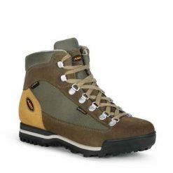 Buty trekkingowe damskie Aku Ultralight. Brązowe buty trekkingowe Aku, z materiału, za kostkę, bez zapięcia. Za 449.00 zł.
