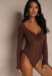 Brązowe Body Vices o Fasonie Longsleeve z Dekoltem w Kształcie V Asstre. Brązowe body i gorsety Renee, bez wzorów, z jeansu, bez ramiączek. Za 69.99 zł.