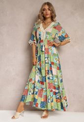 Zielona Rozkloszowana Sukienka Maxi z Falbanką w Patchworkowy Wzór Fiorella. Zielone sukienki Renee, l, z aplikacjami, z bawełny, bez kołnierzyka, bez ramiączek, maxi, rozkloszowane. W wyprzedaży za 91.99 zł.