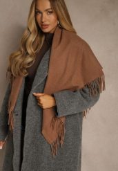 Jasnobrązowy Bawełniano-Wiskozowy Szalik w Kształcie Trójkąta z Frędzlami Vetisara. Brązowe szaliki i kominy Renee, bez wzorów, z bawełny. Za 39.99 zł.