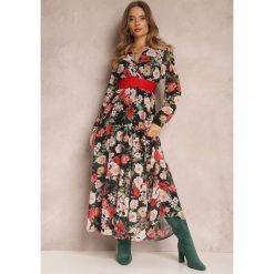 Czarna Sukienka z Paskiem i Gumką w Pasie Hahonu. Czarne sukienki Renee, s, bez wzorów, z zamszu, boho, bez kołnierzyka, bez ramiączek, maxi, kopertowe. W wyprzedaży za 67.99 zł.