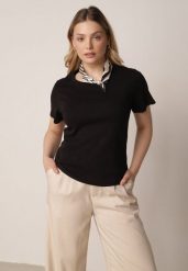 Czarny Bawełniany T-shirt z Satynową Apaszką Cloud. Czarne t-shirty Born2be, l, bez wzorów, z bawełny, biznesowe, bez kołnierzyka, bez ramiączek. Za 59.99 zł.