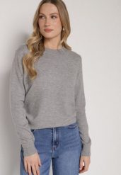 Szary Casualowy Sweter z Wełną i Bawełną Nedalla. Szare swetry Born2be, bez wzorów, z bawełny, biznesowe, bez ramiączek. Za 59.99 zł.