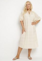 Beżowa Bawełniana Sukienka Oversize z Wiązaniem pod Szyją Tolanea. Brązowe sukienki Born2be, l, bez wzorów, z bawełny, bez kołnierzyka, bez ramiączek, midi, oversize. W wyprzedaży za 72.24 zł.