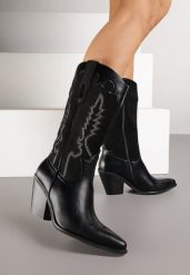 Czarne Botki Typu Kowbojki na Stożku z Haftowaną Cholewką Nalaveia. Czarne botki Renee, z aplikacjami, z jeansu, bez obcasa, na obcasie, bez zapięcia. Za 169.99 zł.