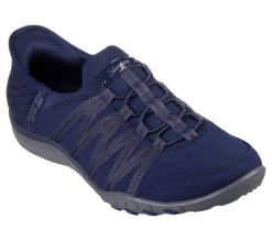 Buty sportowe Sneakersy damskie, Slip-ins: Breathe Easy - Roll With Me. Niebieskie buty treningowe Skechers, bez wzorów, z materiału, przed kostkę, bez zapięcia, trekkingowe. Za 299.99 zł.