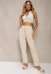 Beżowe Spodnie Typu Paper Bag High Waist z Gumką w Talii Salvavia. Brązowe jeansy Renee, na lato, l, bez wzorów, z jeansu, z podwyższonym stanem. W wyprzedaży za 39.99 zł.