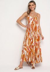 Brązowa Sukienka z Wiskozy na Regulowanych Ramiączkach z Dekoltem w Serek Risallte. Brązowe sukienki Born2be, na co dzień, l, bez wzorów, z wiskozy, bez kołnierzyka, bez ramiączek, maxi. Za 79.99 zł.