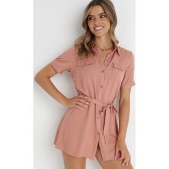 Różowa Sukienka Larkey. Czerwone sukienki Born2be, l, bez wzorów, z materiału, eleganckie, bez kołnierzyka, bez ramiączek, mini, koszulowe. W wyprzedaży za 59.99 zł.