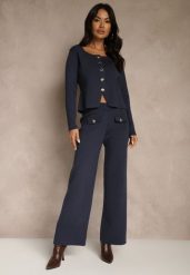 Granatowy Elegancki Komplet z Dzianiny z Wiskozą Kardigan i Spodnie Delinavea. Niebieskie swetry Renee, m, z aplikacjami, z dzianiny, eleganckie, bez ramiączek. Za 239.99 zł.