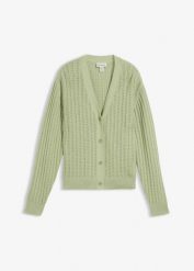 Sweter rozpinany w ażurowy wzór z dodatkiem lnu. Brązowe swetry bonprix, na wiosnę, w ażurowe wzory, bez ramiączek. Za 69.99 zł.