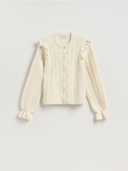 Kardigan z dekoracyjnymi guzikami - kremowy. Białe swetry Reserved, l, bez wzorów, z dzianiny, bez ramiączek. Za 139.99 zł.