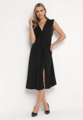 Czarna Sukienka Midi z Ozdobnym Węzłem przy Dekolcie i Rozcięciem Sastama. Czarne sukienki Born2be, na imprezę, m, bez wzorów, wizytowe, bez kołnierzyka, bez ramiączek, midi. Za 109.99 zł.