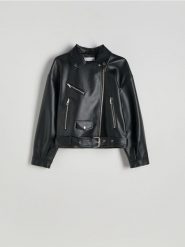 Kurtka biker z paskiem - czarny. Czarne kurtki Reserved, l, bez wzorów, ze skóry, bez kaptura. Za 199.99 zł.
