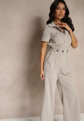 Szary Kombinezon Wide Leg z Kołnierzykiem Suwakiem i Krótkim Rękawem Jenaralitia. Szare sukienki Renee, na co dzień, m, bez wzorów, eleganckie, bez kołnierzyka, bez ramiączek, mini, kopertowe. W wyprzedaży za 143.99 zł.