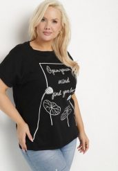 Czarny Bawełniany T-shirt z Nadrukiem i Cyrkoniami Ertebis. Czarne t-shirty Born2be, xl, bez wzorów, z bawełny, eleganckie, bez kołnierzyka, bez ramiączek. Za 69.99 zł.