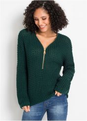 Sweter dzianinowy z zamkiem. Zielone swetry bonprix, bez wzorów, z dzianiny, bez ramiączek. Za 142.99 zł.