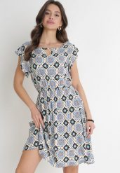 Niebiesko-Czarna Bawełniana Sukienka Mini z Gumką w Talii Caara. Niebieskie sukienki Born2be, l, bez wzorów, z bawełny, bez kołnierzyka, bez ramiączek, mini. Za 79.99 zł.