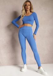 Niebieskie Prążkowane Legginsy z Wysokim Stanem Amokka. Niebieskie legginsy Renee, bez wzorów, z jeansu. W wyprzedaży za 39.99 zł.