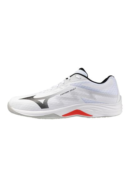 Buty halowe Mizuno Lightning Select. Białe buty do biegania Mizuno, bez wzorów, z materiału, bez zapięcia, do biegania. Za 279.99 zł.