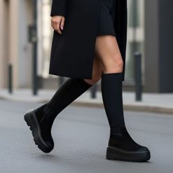 Kozaki damskie CheBello, eleganckie ze skóry i na grubej wysokiej platformie, czarne, 4741-034-415-MIC-S332. Czarne kozaki CheBello, bez wzorów, ze skóry, eleganckie, przed kolano, bez obcasa, na platformie, bez zapięcia. Za 552.99 zł.