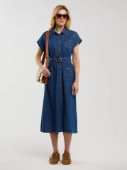 Sukienka damska midi jeansowa z paskiem granatowa Bailey 361. Niebieskie sukienki BIG STAR, l, bez wzorów, z denimu, retro, bez kołnierzyka, bez ramiączek, midi, rozkloszowane. Za 299.99 zł.