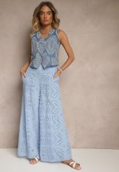 Niebieskie Ażurowe Spodnie z Bawełny High Waist o Szerokim Kroju Evinassa. Niebieskie jeansy Renee, l, w ażurowe wzory, z bawełny, eleganckie, z podwyższonym stanem. W wyprzedaży za 127.99 zł.
