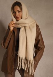 Beżowy Szalik Ozdobiony Frędzlami Owedela. Brązowe szaliki i kominy Renee, bez wzorów, z jeansu, street. Za 44.99 zł.