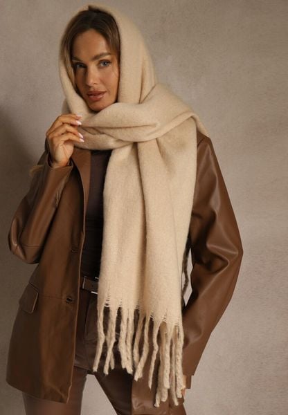 Beżowy Szalik Ozdobiony Frędzlami Owedela. Brązowe szaliki i kominy Renee, bez wzorów, z jeansu, street. Za 44.99 zł.