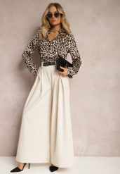 Beżowe Spodnie High Waist z Szerokimi Nogawkami i Paskiem Brillara. Brązowe jeansy Renee, l, bez wzorów, z jeansu, z podwyższonym stanem. W wyprzedaży za 91.99 zł.