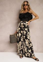 Czarno-Beżowe Szerokie Spodnie Palazzo z Gumką w Talii i High Waist Dimianna. Czarne jeansy Renee, na lato, l, bez wzorów, z jeansu, z podwyższonym stanem. W wyprzedaży za 75.99 zł.