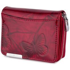 Damski Skórzany Elegancki Portfel Mały Lakier Motyle Na Karty Skóra Czerwony 897. Czerwone portfele bez wzorów, z lakierowanej skóry. Za 59.99 zł.
