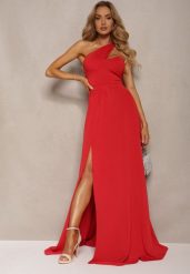 Czerwona Sukienka o Rozkloszowanym Kroju na Jedno Ramię z Głębokim Rozcięciem Efiela. Czerwone sukienki Renee, na imprezę, m, bez wzorów, eleganckie, bez kołnierzyka, bez ramiączek, maxi, asymetryczne. Za 99.99 zł.