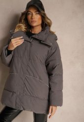 Ciemnoszara Kurtka Oversize z Pikowanymi Przeszyciami Kapturem Kieszeniami i Cyrkoniami Etairea. Szare kurtki Renee, l, bez wzorów, eleganckie. W wyprzedaży za 164.49 zł.