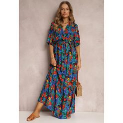 Niebiesko-Zielona Sukienka z Wiskozy Lylian. Niebieskie sukienki Renee, l, z aplikacjami, z wiskozy, eleganckie, bez kołnierzyka, bez ramiączek, maxi, kopertowe. W wyprzedaży za 75.99 zł.