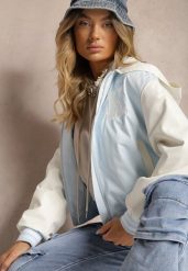 Niebieska Kurtka w Stylu Bomberki z Kapturem i Paskami Mevalyn. Niebieskie kurtki Renee, l, bez wzorów, z jeansu, eleganckie, z kapturem. W wyprzedaży za 119.99 zł.