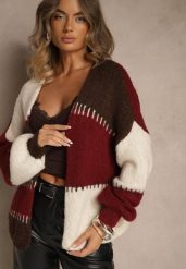 Bordowy Kardigan z Domieszką Wełny i Wiskozy w Patchworkowym Stylu Fesolinne. Czerwone swetry Renee, s, bez wzorów, z jeansu, bez ramiączek. Za 129.99 zł.