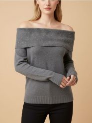 Sweter z dżetami i dekoltem typu łódka z domieszką wełny - szary. Szare swetry Sinsay, l, bez wzorów, z wełny, bez ramiączek. Za 49.99 zł.