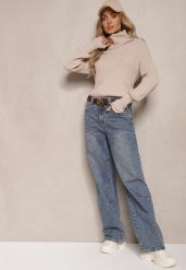 Niebieskie Jeansy z Bawełny o Prostym Kroju z Szerokimi Nogawkami i Paskiem Atteora. Niebieskie jeansy Renee, bez wzorów, z bawełny, eleganckie. W wyprzedaży za 111.99 zł.