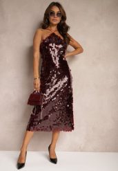 Bordowa Cekinowa Sukienka o Asymetrycznym Fasonie z Ozdobnym Wiązaniem na Plecach Leriseli. Czerwone sukienki Renee, z aplikacjami, eleganckie, z asymetrycznym kołnierzem, bez ramiączek, midi, asymetryczne. W wyprzedaży za 91.99 zł.