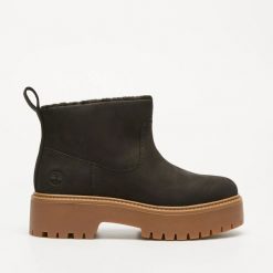 Timberland STONE STREET MID WARM LINED BOOT BLACK NUBUCK Botki damskie. Czarne botki Timberland, bez wzorów, z nubiku, street, bez obcasa, bez zapięcia. Za 621.99 zł.