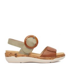 Sandały Remonte. Zielone sandały Remonte, bez wzorów, bez obcasa, na płaskiej podeszwie, bez zapięcia. Za 349.99 zł.