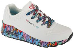 Buty sportowe Sneakersy damskie, Uno - Ravaged Love. Białe buty treningowe Skechers, bez wzorów, z materiału, przed kostkę, bez zapięcia, trekkingowe. Za 399.99 zł.