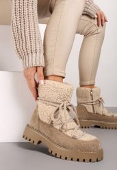 Ciemnobeżowe Śniegowce na Grubej Podeszwie z Cyrkoniami i Futerkową Wstawką Rianaella. Brązowe śniegowce Born2be, z aplikacjami, bez zapięcia. Za 119.99 zł.