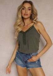 Ciemnozielony Top z Wiskozą i Lnem z Ozdobną Koronką Semialine. Zielone topy Renee, l, z aplikacjami, z koronki, eleganckie, bez kołnierzyka, bez ramiączek. W wyprzedaży za 43.99 zł.