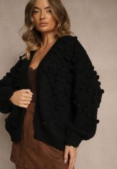 Czarny Niezapinany Kardigan z Ozdobnymi Pomponami Besinia. Czarne swetry Renee, bez wzorów, z jeansu, eleganckie, bez ramiączek. Za 159.99 zł.