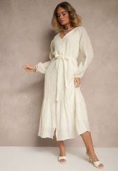 Jasnobeżowa Sukienka z Wiskozy Taliowana z Rozkloszowanym Dołem o Koszulowym Kroju Emlio. Brązowe sukienki Renee, na co dzień, l, bez wzorów, z wiskozy, klasyczne, bez kołnierzyka, bez ramiączek, maxi, koszulowe. Za 159.99 zł.