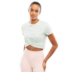 Damska koszulka sportowa z węzłem Fitness Siroko Space Green. Zielone t-shirty sportowe SIROKO, bez wzorów, z bawełny, bez ramiączek, na fitness i siłownię. Za 148.00 zł.